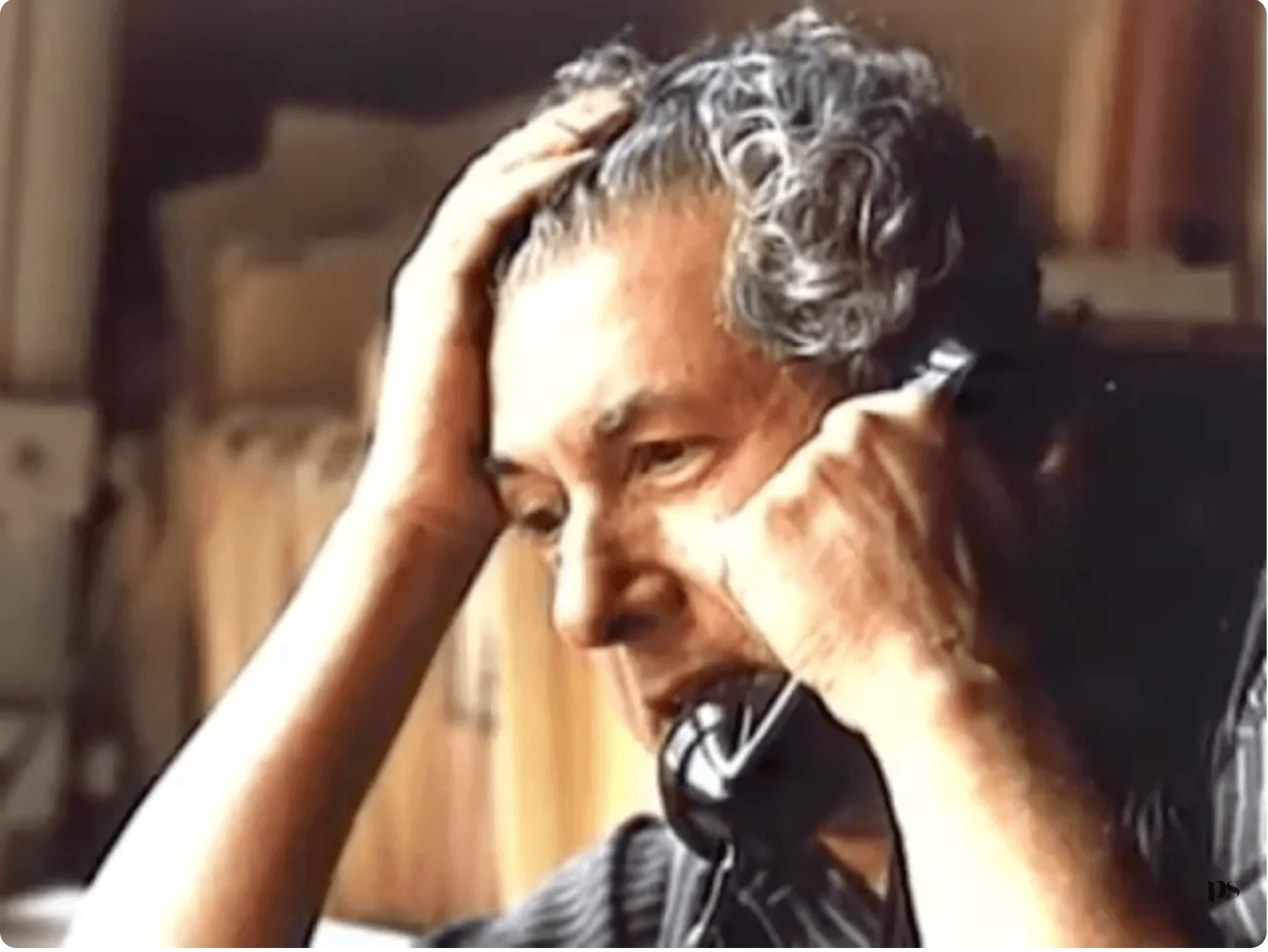Henry on the phone, intense